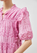 Load image into Gallery viewer, Women Pink Puff Sleeve Ruffled Wrinkled Day Dress Summer