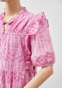 Women Pink Puff Sleeve Ruffled Wrinkled Day Dress Summer