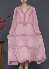 Load image into Gallery viewer, Women Pink Ruffled Tie Waist Chiffon Vacation Dresses Spring