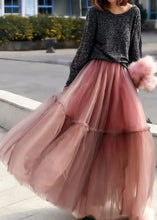 Load image into Gallery viewer, Women Pink Ruffled Tulle Cinched Circle Fall Skirt