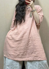 Load image into Gallery viewer, Women Pink Stand Collar Side Open Linen Blouses Half Sleeve