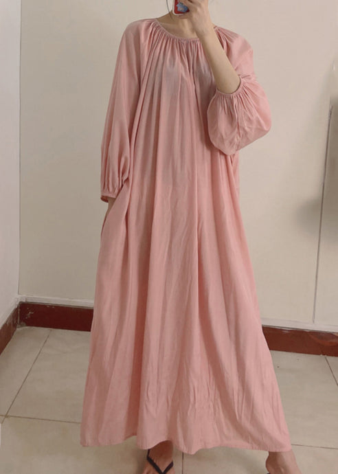 Women Pink Wrinkled Pockets Maxi Dress Long Sleeve