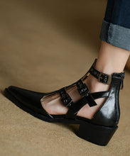 Load image into Gallery viewer, Women Pointed Toe Zippered Splicing Chunky Sandals Black Cowhide Leather