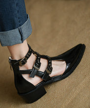 Load image into Gallery viewer, Women Pointed Toe Zippered Splicing Chunky Sandals Black Cowhide Leather