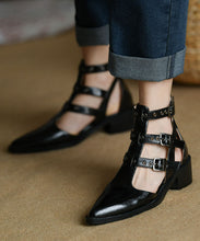 Load image into Gallery viewer, Women Pointed Toe Zippered Splicing Chunky Sandals Black Cowhide Leather