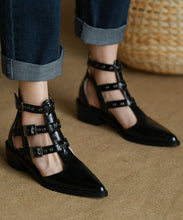 Load image into Gallery viewer, Women Pointed Toe Zippered Splicing Chunky Sandals Black Cowhide Leather