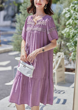 Load image into Gallery viewer, Women Purple Hollow Out Embroidered Cotton Dress Summer