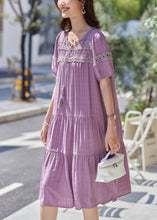 Load image into Gallery viewer, Women Purple Hollow Out Embroidered Cotton Dress Summer