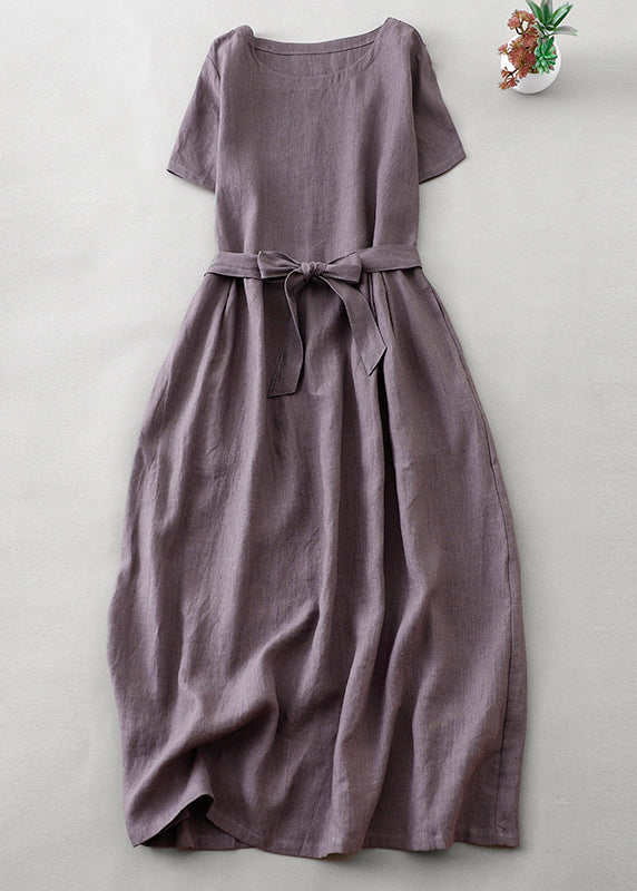 Women Purple O Neck Tie Waist Pockets Linen Long Dress Summer