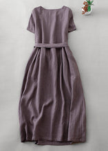 Load image into Gallery viewer, Women Purple O Neck Tie Waist Pockets Linen Long Dress Summer