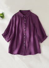 Load image into Gallery viewer, Women Purple Peter Pan Collar Button Linen Blouse Summer