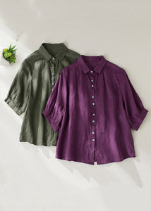 Women Purple Peter Pan Collar Button Linen Blouse Summer