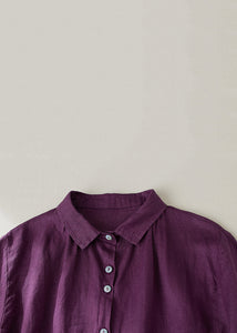 Women Purple Peter Pan Collar Button Linen Blouse Summer