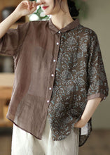 Load image into Gallery viewer, Women Purple Peter Pan Collar Print Button Patchwork Linen Tops Summer