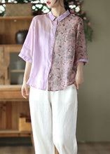 Load image into Gallery viewer, Women Purple Peter Pan Collar Print Button Patchwork Linen Tops Summer