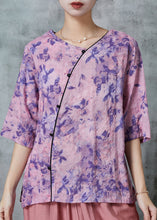 Load image into Gallery viewer, Women Purple Print Patchwork Linen Shirt Tops Half Sleeve