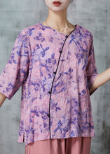 Load image into Gallery viewer, Women Purple Print Patchwork Linen Shirt Tops Half Sleeve