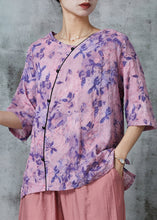 Load image into Gallery viewer, Women Purple Print Patchwork Linen Shirt Tops Half Sleeve