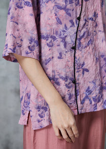 Women Purple Print Patchwork Linen Shirt Tops Half Sleeve