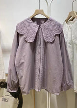 Load image into Gallery viewer, Women Purple Ruffled Hollow Out Cotton Blouse Tops Spring