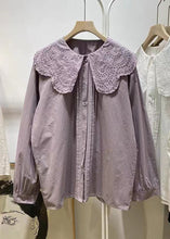 Load image into Gallery viewer, Women Purple Ruffled Hollow Out Cotton Blouse Tops Spring