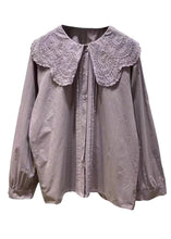 Load image into Gallery viewer, Women Purple Ruffled Hollow Out Cotton Blouse Tops Spring