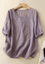 Load image into Gallery viewer, Women Purple V Neck Embroidered Linen T Shirt Summer