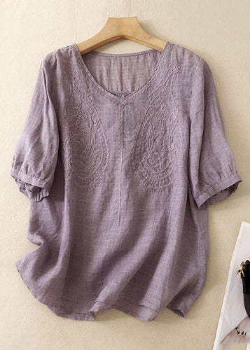 Women Purple V Neck Embroidered Linen T Shirt Summer