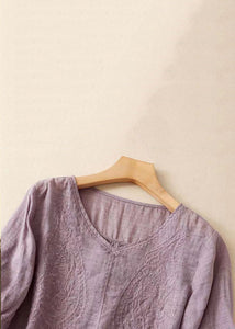 Women Purple V Neck Embroidered Linen T Shirt Summer