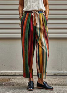 Women Rainbow Striped Pockets Tie Waist Crop Pants Summer