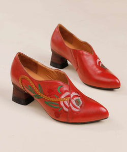 Women Red Cowhide Leather Embossed Splicing High Heels