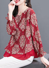 Load image into Gallery viewer, Women Red O Neck Print Patchwork Chiffon Blouses Flare Sleeve