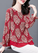 Load image into Gallery viewer, Women Red O Neck Print Patchwork Chiffon Blouses Flare Sleeve