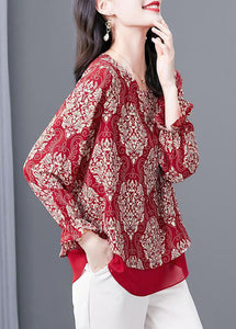 Women Red O Neck Print Patchwork Chiffon Blouses Flare Sleeve