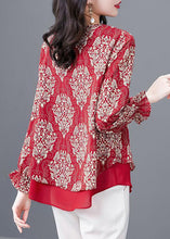 Load image into Gallery viewer, Women Red O Neck Print Patchwork Chiffon Blouses Flare Sleeve