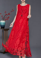 Load image into Gallery viewer, Women Red Oversized Side Open Lace A Line Dresses Sleeveless