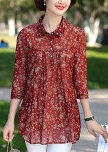 Load image into Gallery viewer, Women Red Print Wrinkled Patchwork Chiffon Shirt Tops Summer