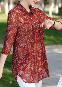 Women Red Print Wrinkled Patchwork Chiffon Shirt Tops Summer