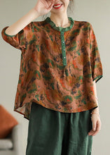 Load image into Gallery viewer, Women Red Ruffled Print Button Low High Design Ramie Shirt Summer