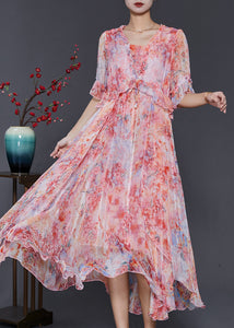 Women Red Ruffled Tie Dye Chiffon Robe Dresses Summer