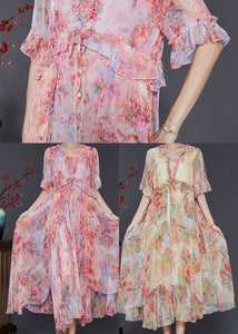 Women Red Ruffled Tie Dye Chiffon Robe Dresses Summer