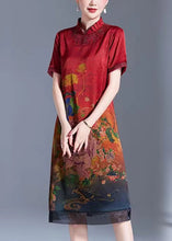 Load image into Gallery viewer, Women Red Stand Collar Print Silk Dress Short Sleeve