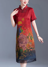 Load image into Gallery viewer, Women Red Stand Collar Print Silk Dress Short Sleeve