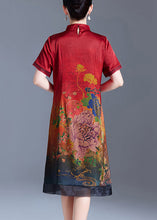 Load image into Gallery viewer, Women Red Stand Collar Print Silk Dress Short Sleeve