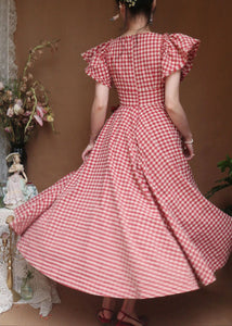 Women Red V Neck Plaid Ruffled Cotton Dress Butterfly Sleeve