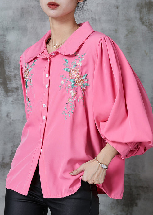 Women Rose Embroidered Floral Cotton Shirt Tops Lantern Sleeve