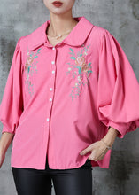 Load image into Gallery viewer, Women Rose Embroidered Floral Cotton Shirt Tops Lantern Sleeve