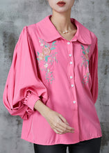 Load image into Gallery viewer, Women Rose Embroidered Floral Cotton Shirt Tops Lantern Sleeve