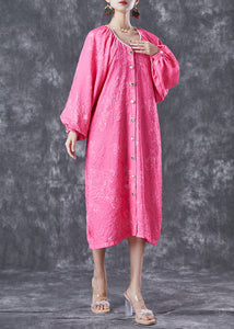 Women Rose Oversized Jacquard Cotton Maxi Dress Lantern Sleeve