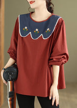 Load image into Gallery viewer, Women Rust Embroidered Patchwork Cotton Top Fall